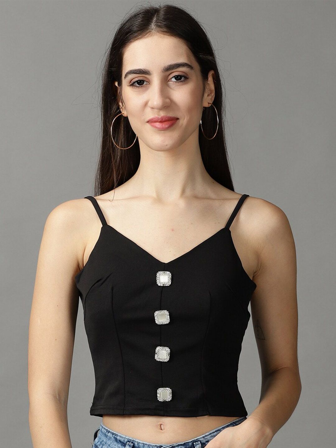 SHOWOFF Button Studded Fitted Crop Top Price in India
