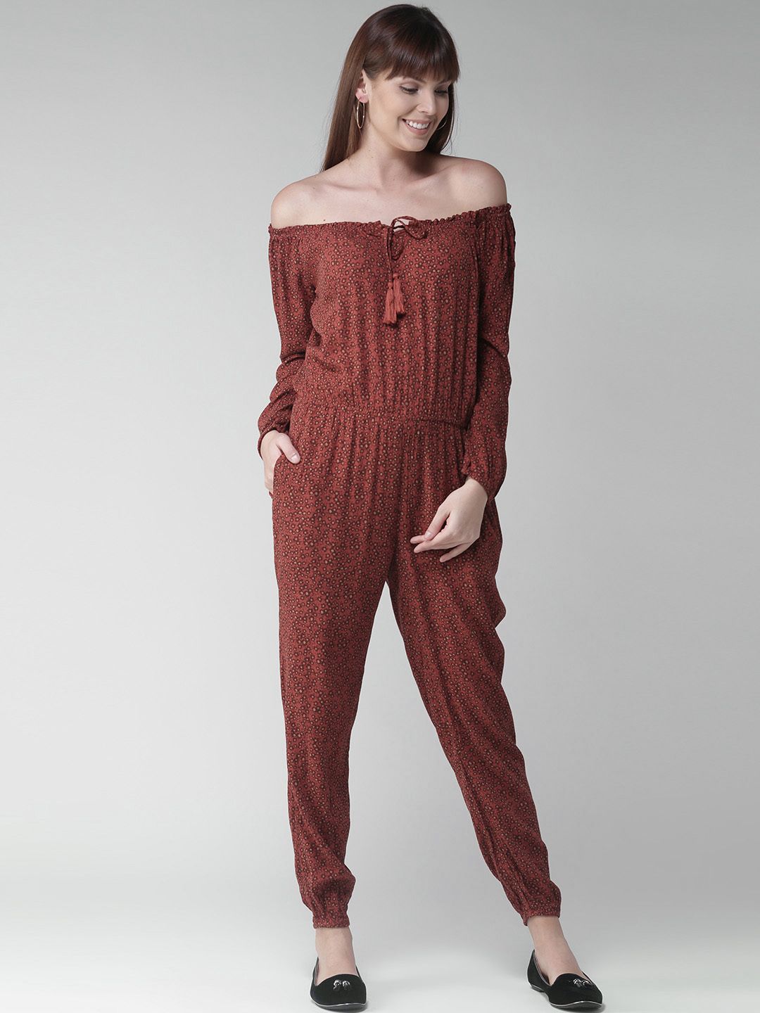 Aeropostale Rust Orange Printed Off-Shoulder Jumpsuit Price in India