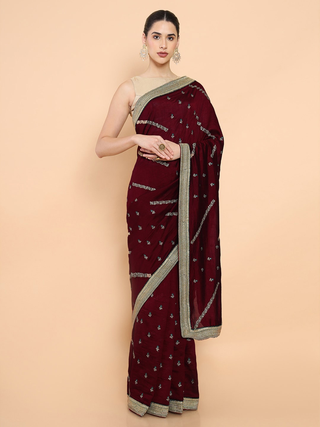 Soch Maroon & Gold-Toned Floral Embroidered Silk Blend Ready to Wear Saree Price in India