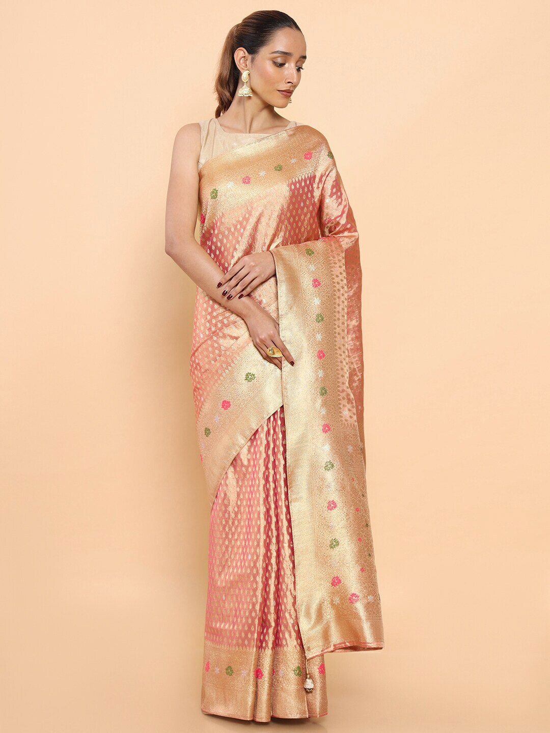 Soch Pink & Gold-Toned Woven Design Zari Pure Silk Ready to Wear Saree Price in India