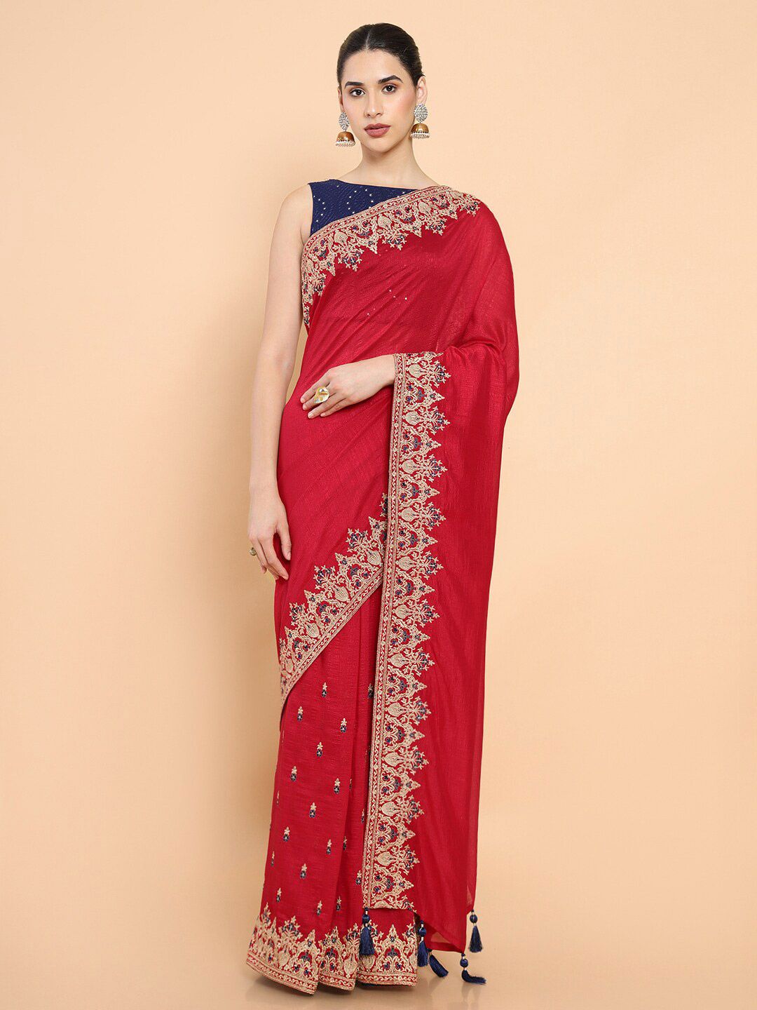 Soch Maroon & Black Floral Embroidered Silk Blend Saree Price in India