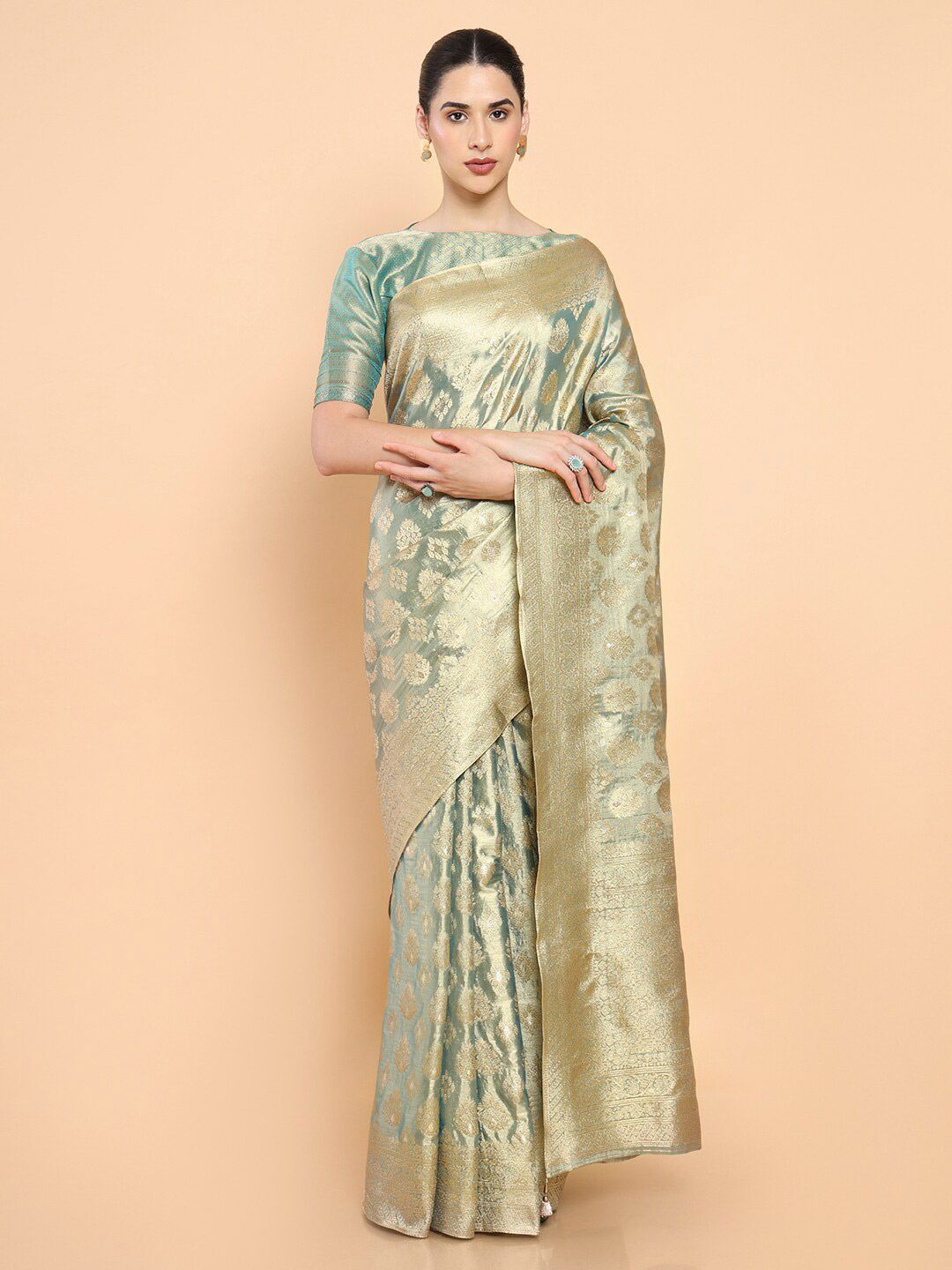 Soch Turquoise Blue & Gold-Toned Woven Design Zari Pure Silk Saree Price in India