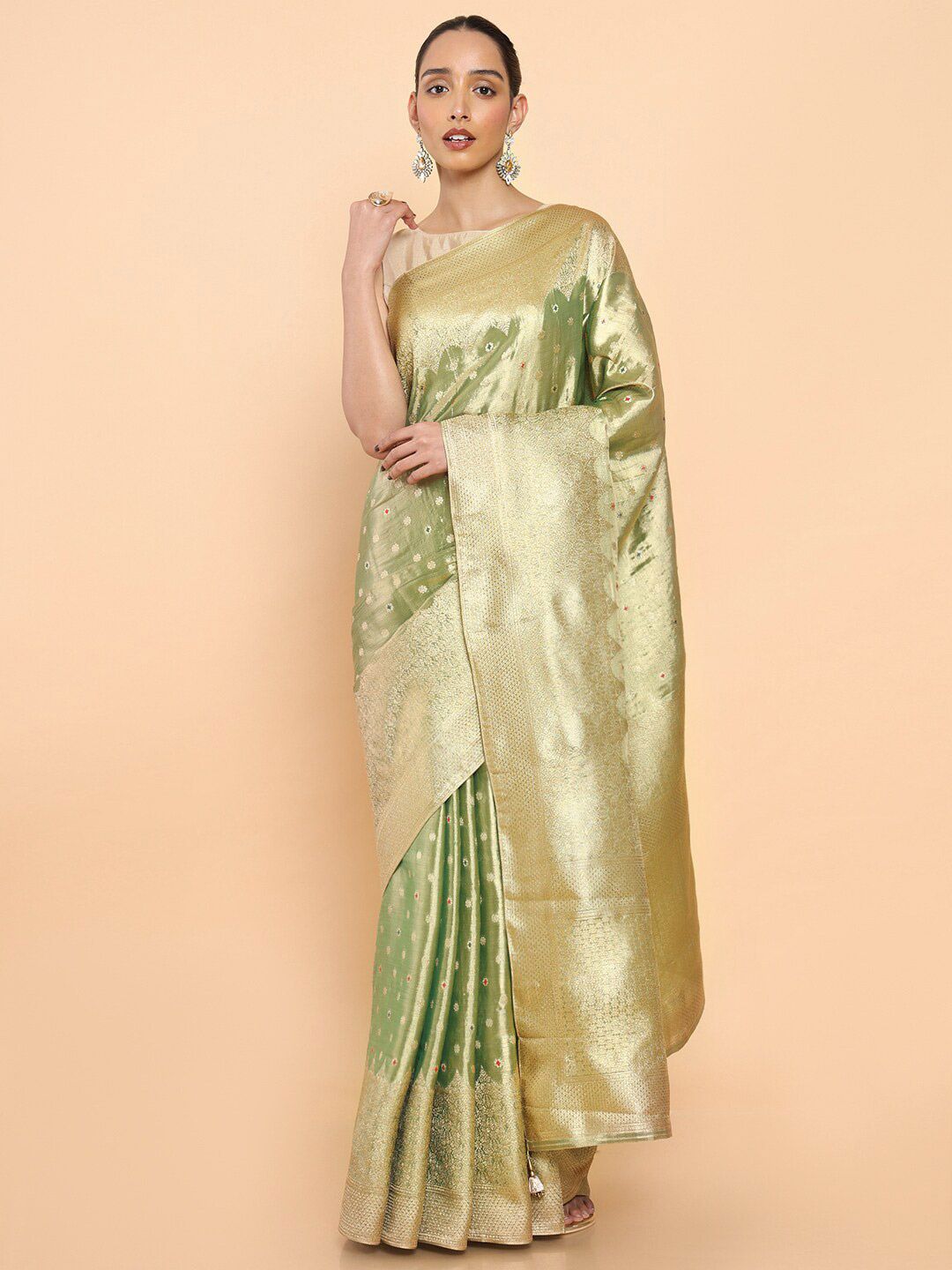 Soch Green & Gold-Toned Woven Design Zari Pure Silk Saree Price in India