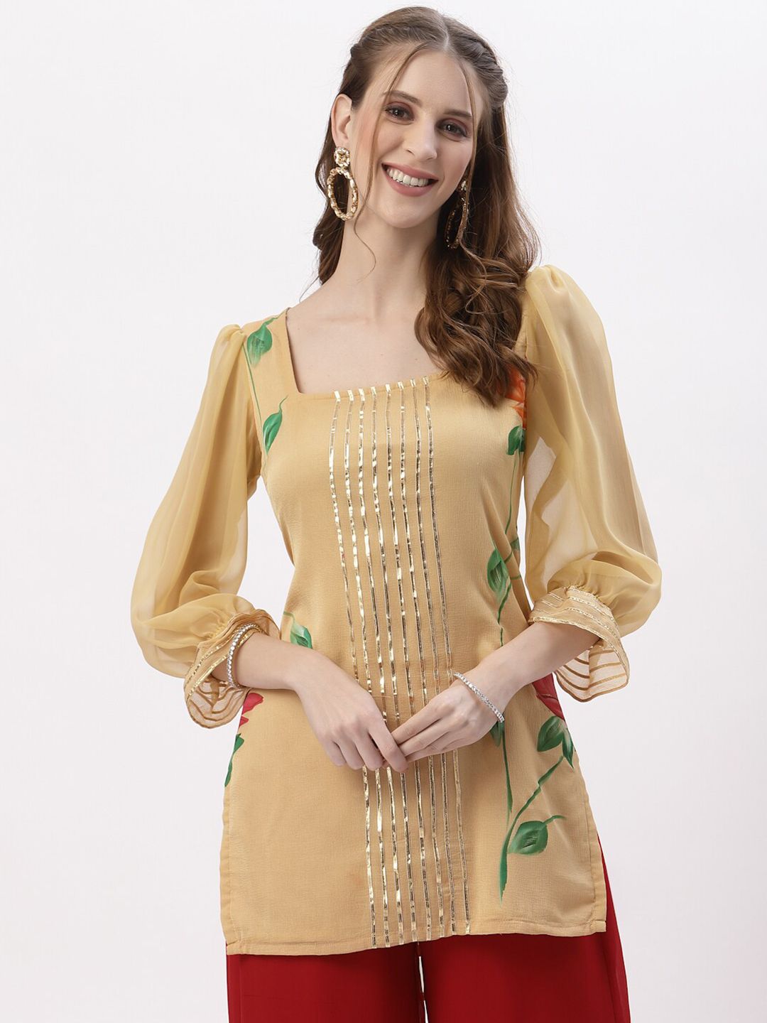 studio rasa Floral Embellished Square Neck Gotta Patti Kurti Price in India