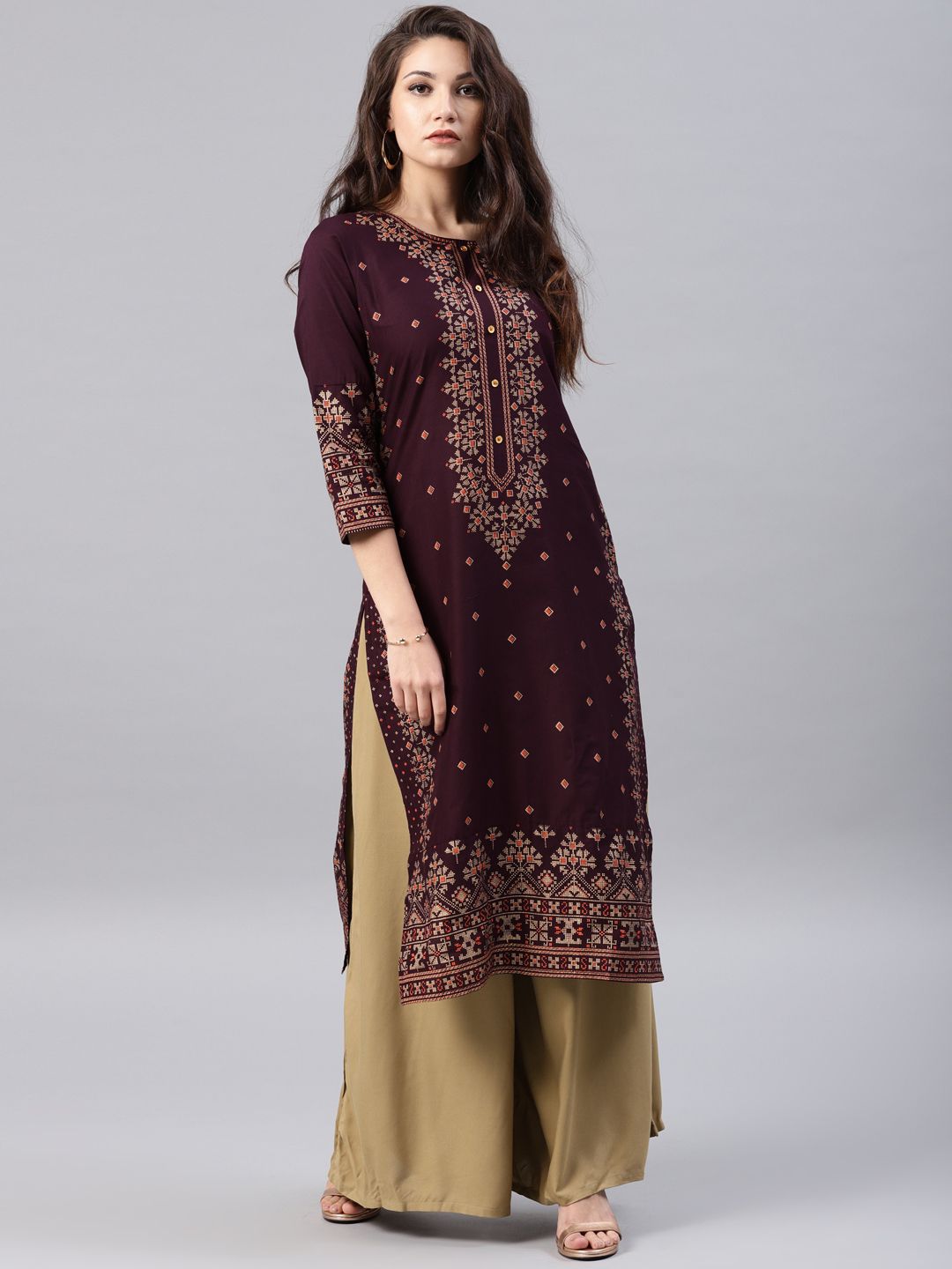 Vishudh Burgundy Foil Printed Cotton Straight Kurta