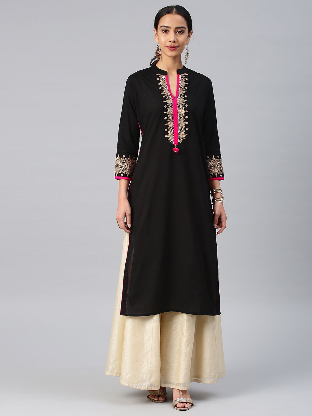 Vishudh Women Black Yoke Design Straight Kurta Price in India