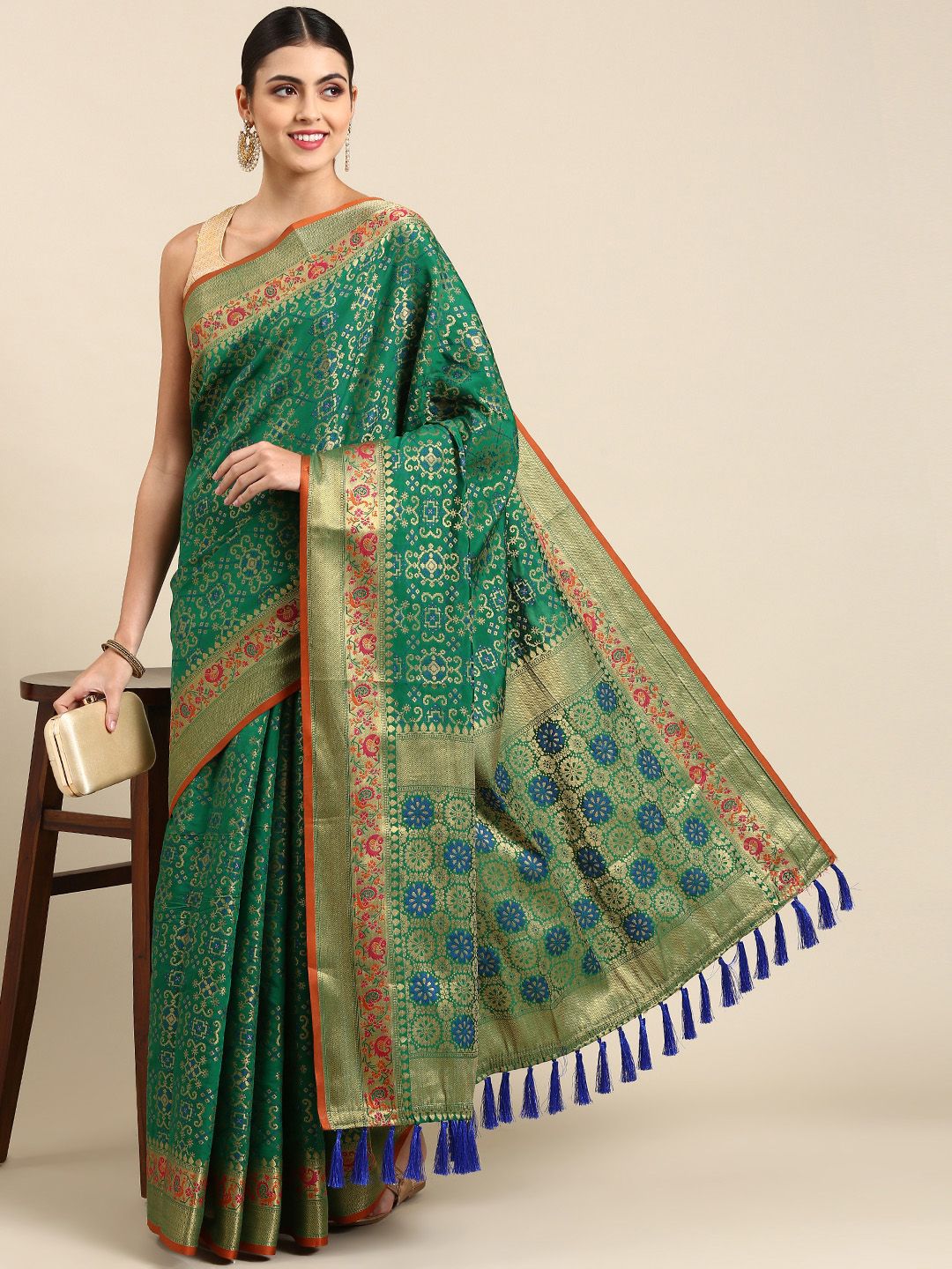 Mitera Ethnic Motifs Zari Silk Blend Patola Saree Price in India