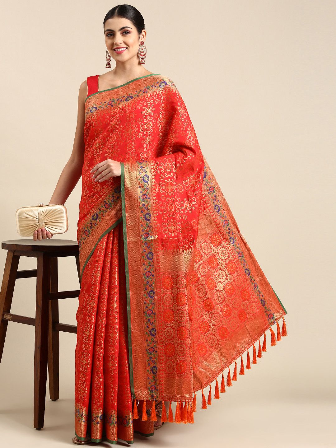 Mitera Ethnic Motifs Zari Silk Blend Patola Saree Price in India