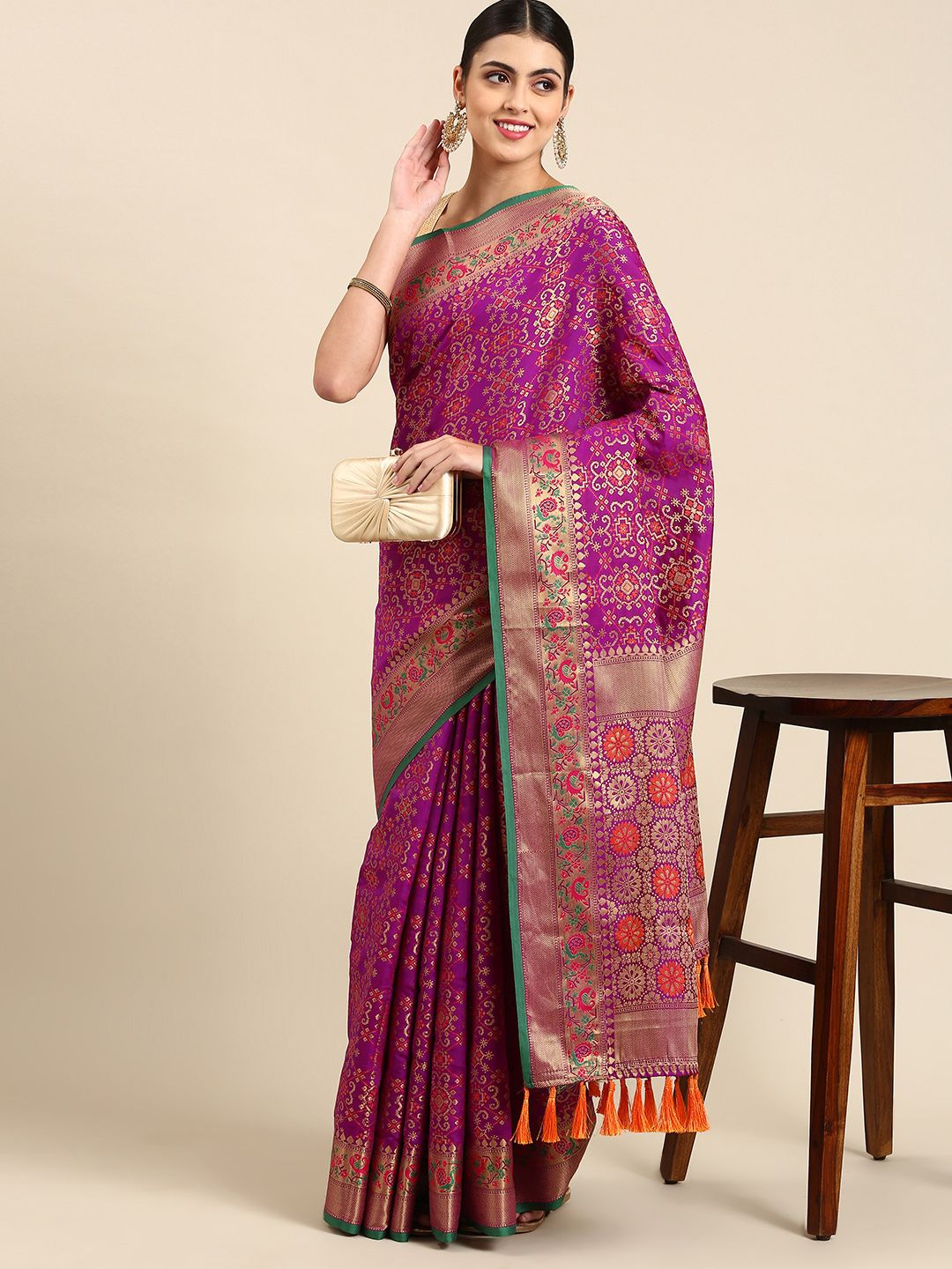 Mitera Ethnic Motifs Zari Silk Blend Patola Saree Price in India