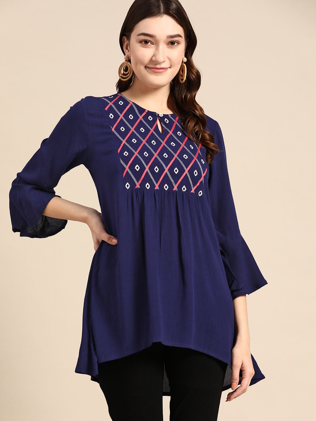 Sangria Geometric Embroidered Keyhole Neck Longline Top Price in India