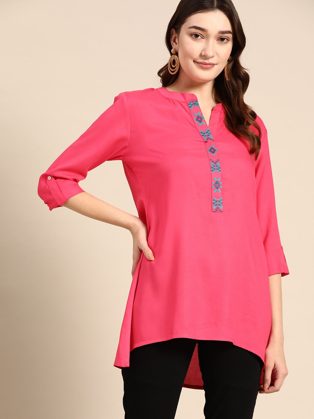Sangria Embroidered Mandarin Collar Roll-Up Sleeves Longline Top Price in India