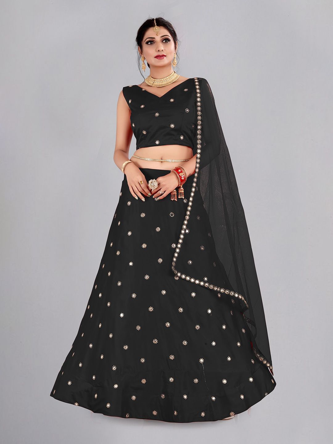 Atsevam Black & Gold-Toned Embellished Mirror Work Semi-Stitched Lehenga & Unstitched Blouse With Dupatta Price in India