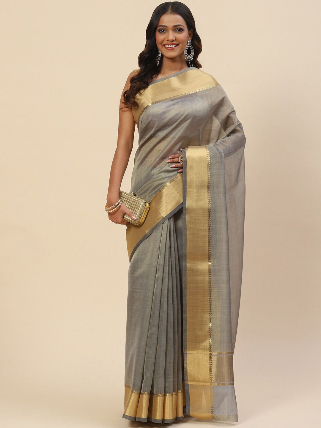 Meena Bazaar Grey & Gold-Toned Zari Art Silk Saree Price in India