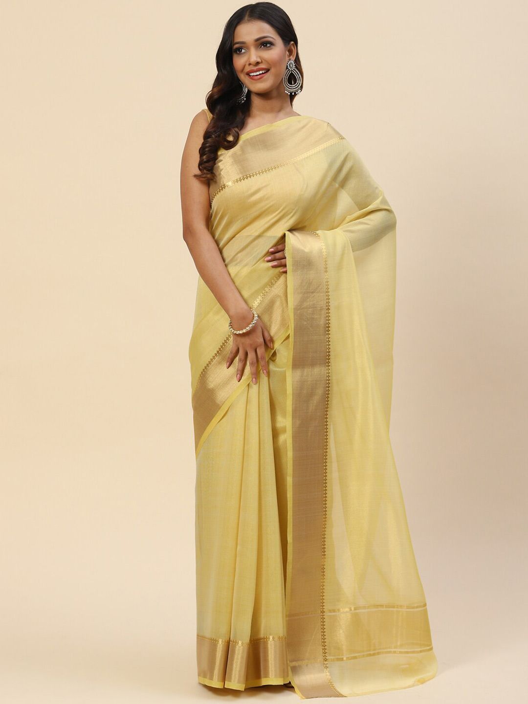 Meena Bazaar Yellow & Gold-Toned Zari Art Silk Saree Price in India