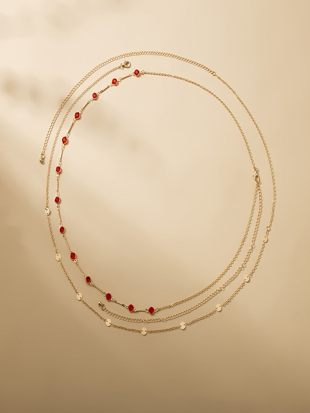 AQUASTREET Set Of 2 Gold-Plated Red Stone-Studded Layered Waist Chain