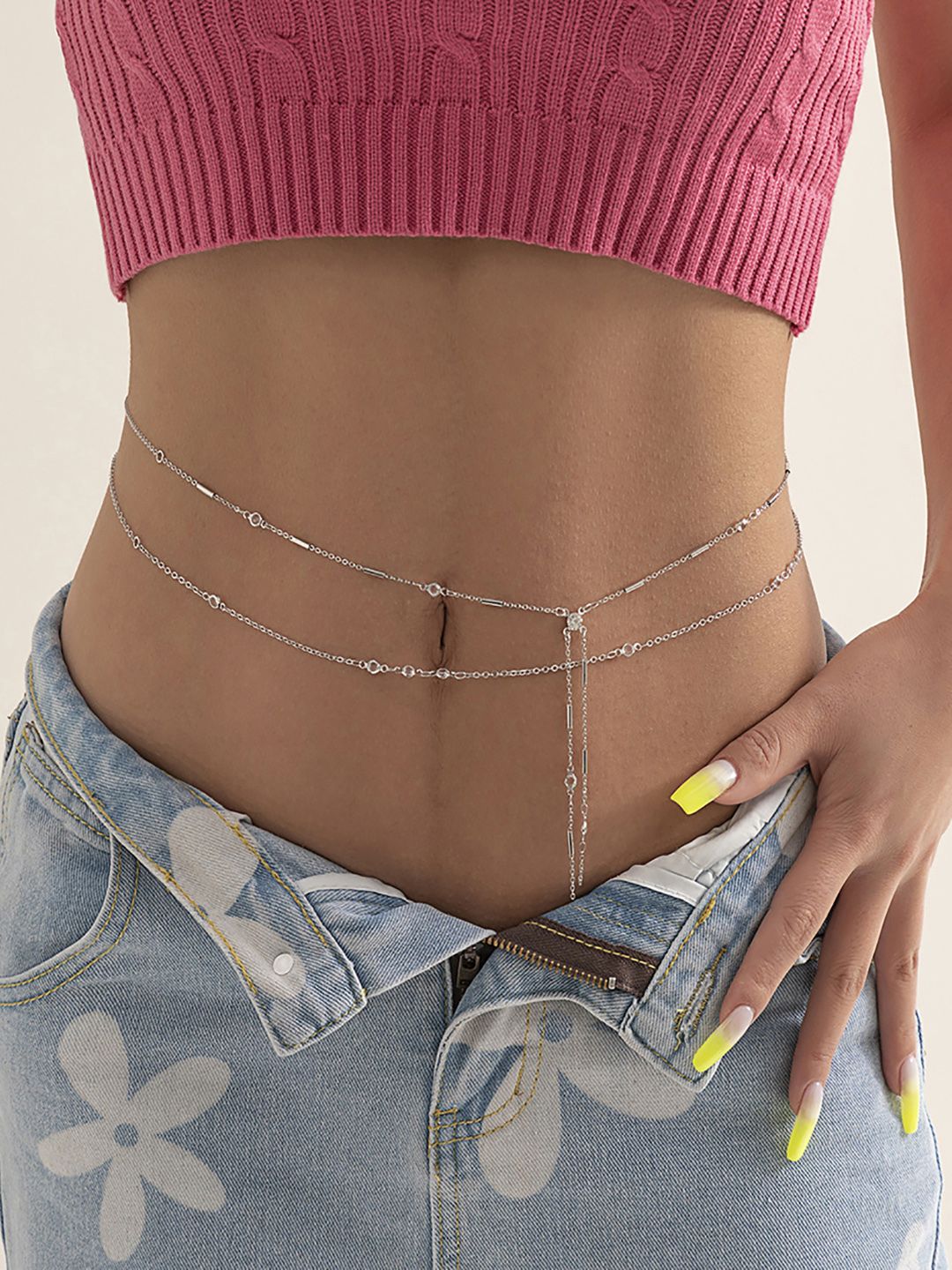 AQUASTREET Set Of 2 Silver-Plated & Stone-Studded Layered Waist Chain