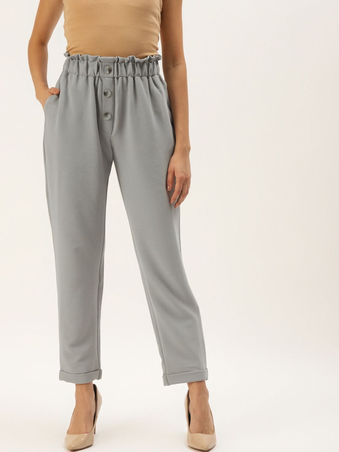 Zastraa Women Grey Smart Loose Fit Trousers Price in India