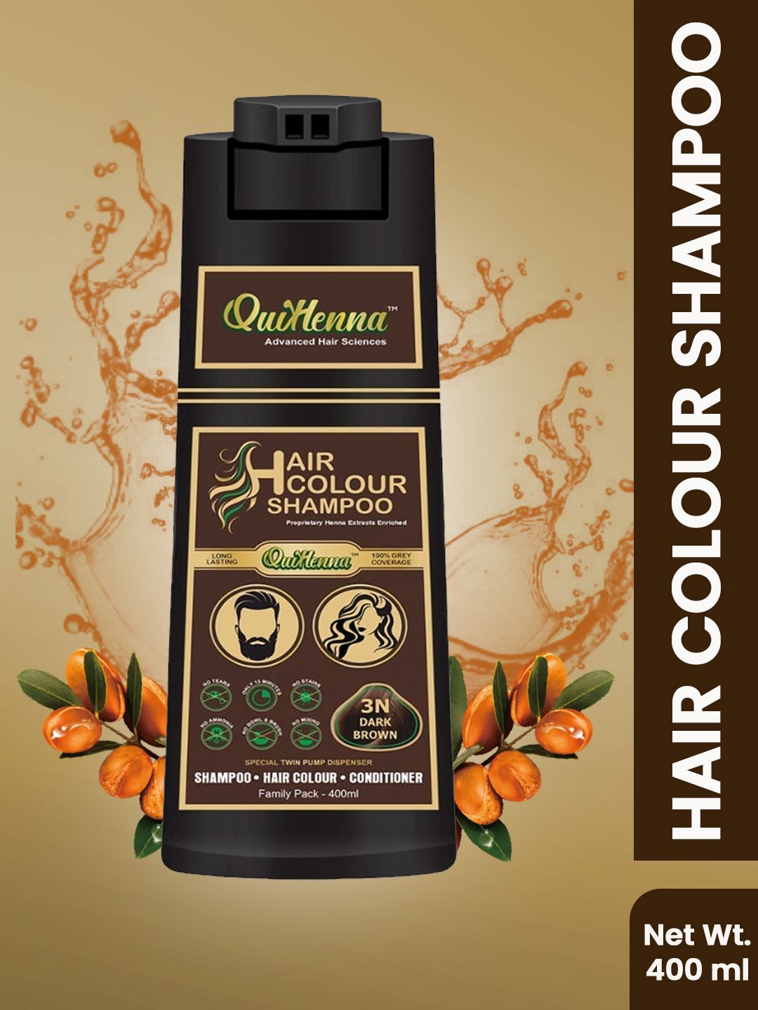 QUIKHENNA 100% Grey Coverage Hair Color Shampoo with Argan Oil 400 ml - Dark Brown 3N