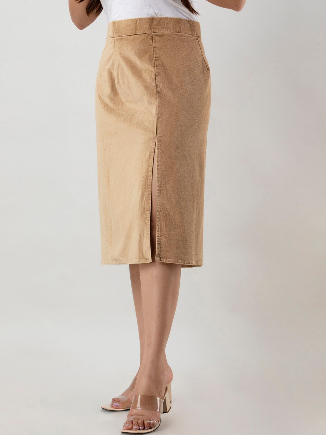 Aawari Women Beige  Knee Length Side Slit Straight Skirt Price in India