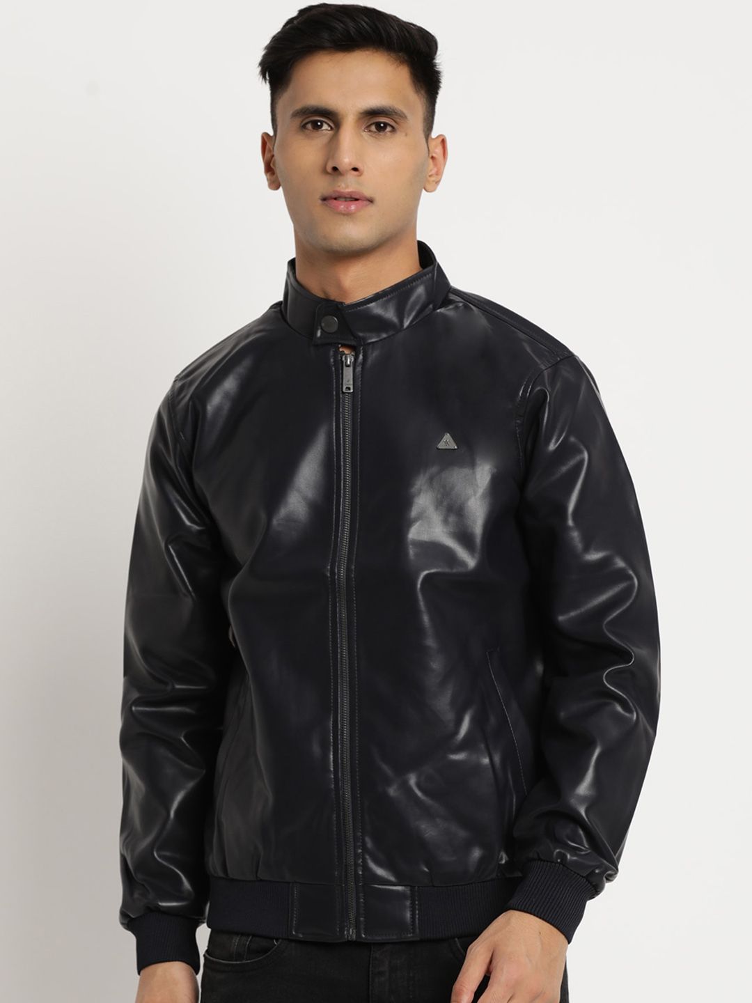 Turtle Men Black Windcheater Biker Jacket with Patchwork Price