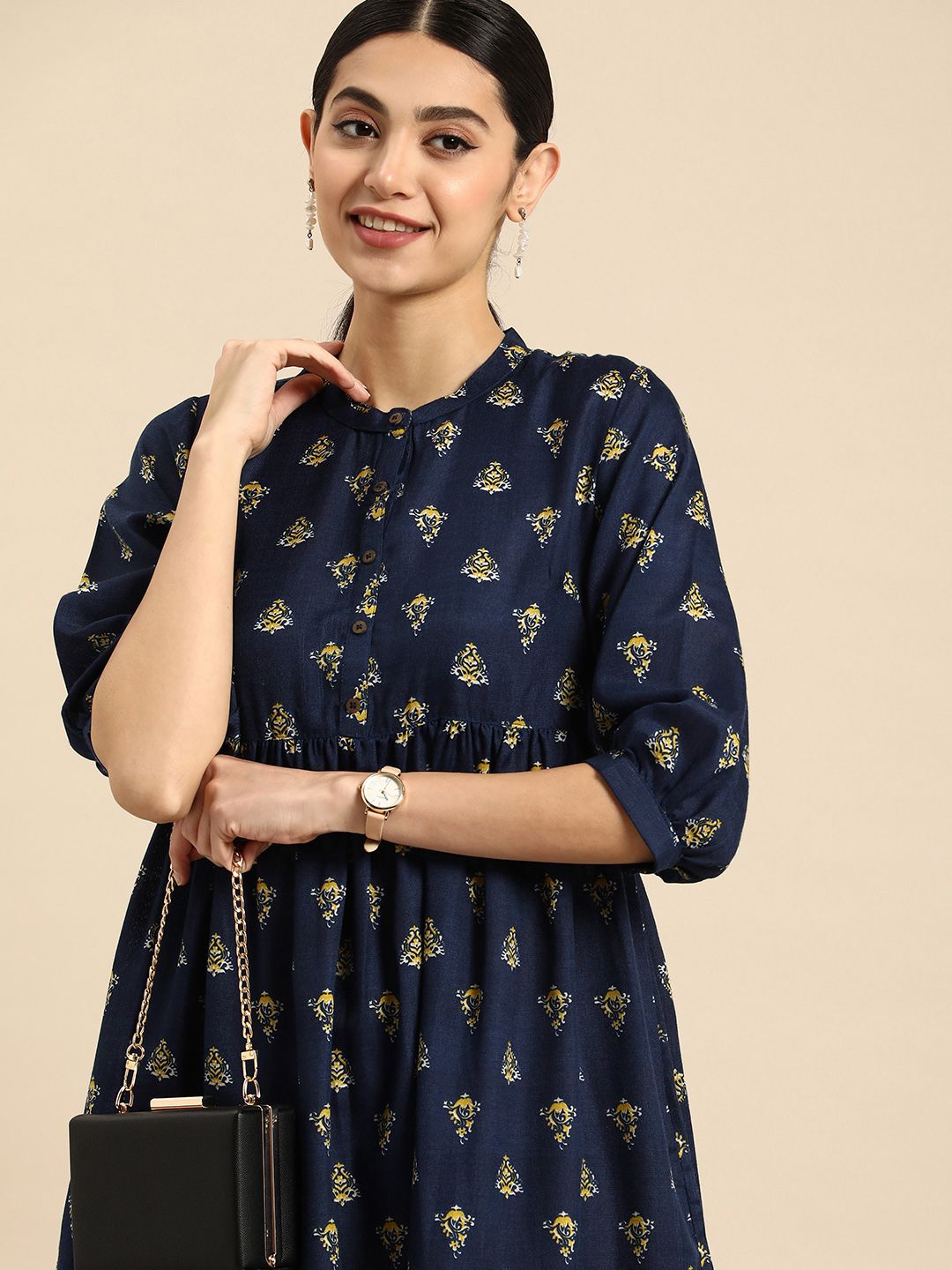 Anouk Ethnic Motifs Print A-Line Dress With Gathered or Pleated Detailing Price in India