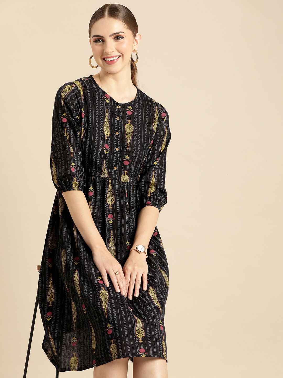 Anouk Ethnic Motifs Printed Pure Cotton Ethnic Fit & Flare Dress Price in India