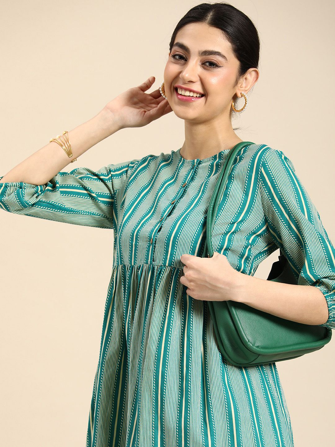 Anouk Pure Cotton Striped A-Line Dress With Pleated Detail Price in India
