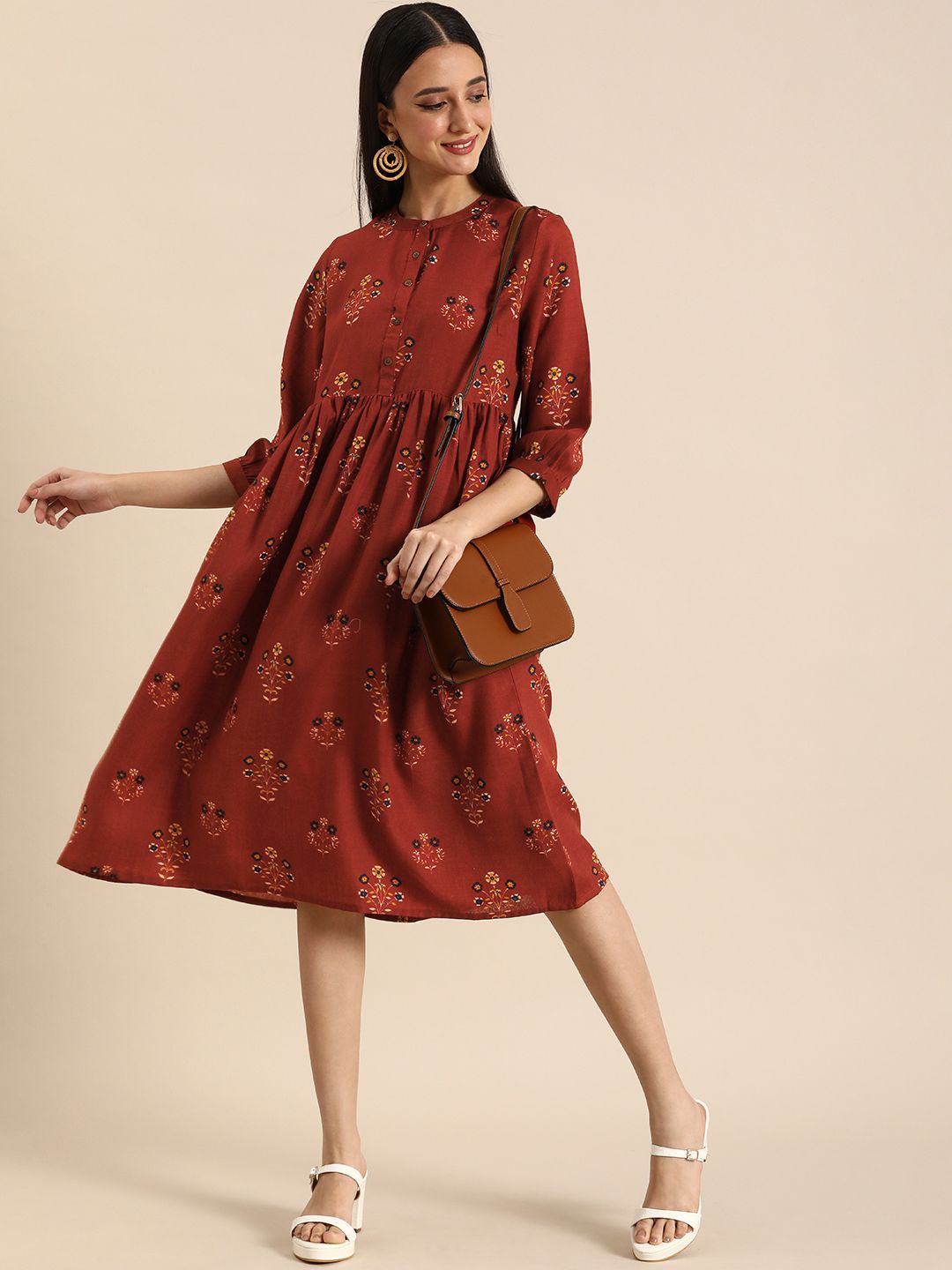 Anouk Floral Empire Flared Dress With Gathers Detail Price in India