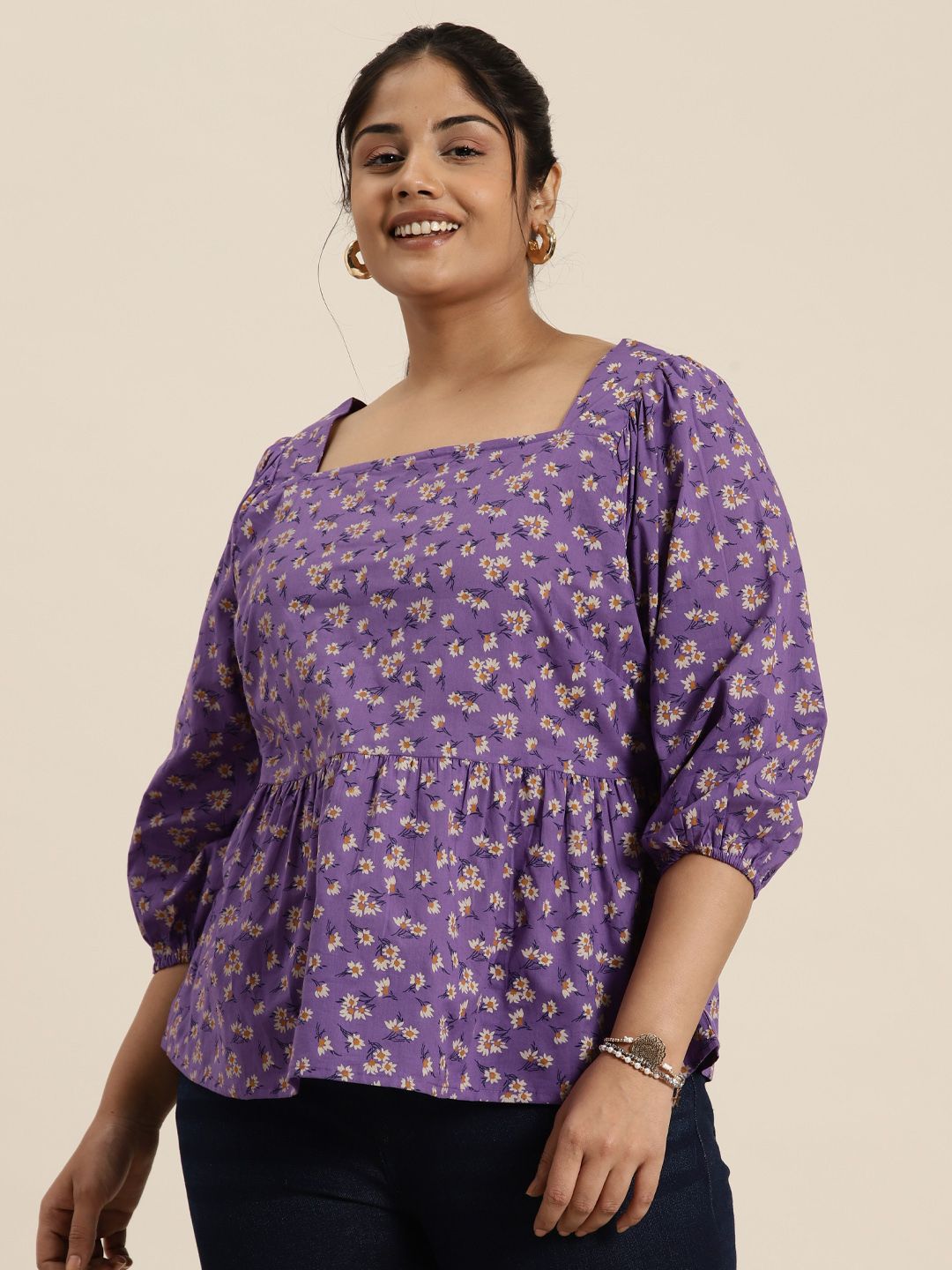 Sztori Plus Size Floral Print Puff Sleeve Cotton Peplum Top Price in India