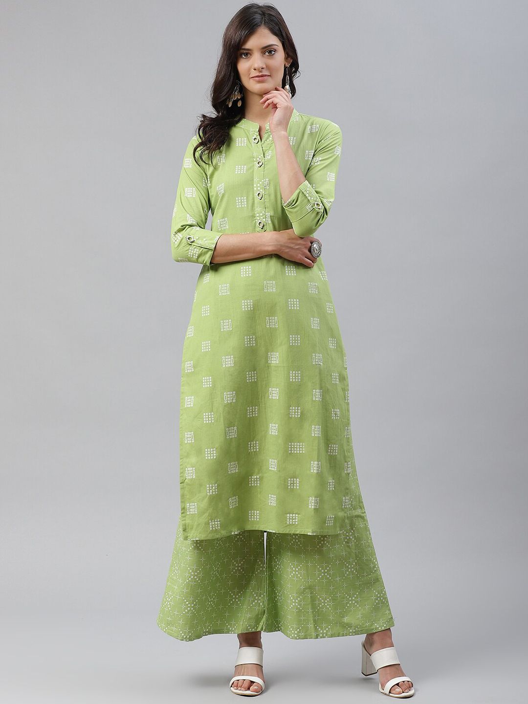 KALINI Women Green Pure Cotton Kurta with Palazzos Price in India