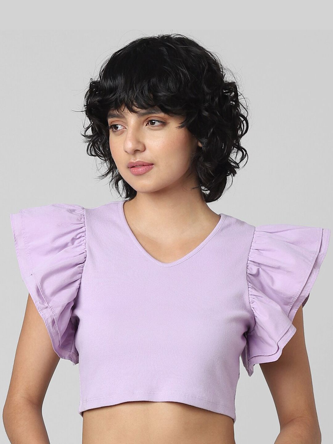 ONLY  Ruffles Flutter Sleeves Crop Top Price in India
