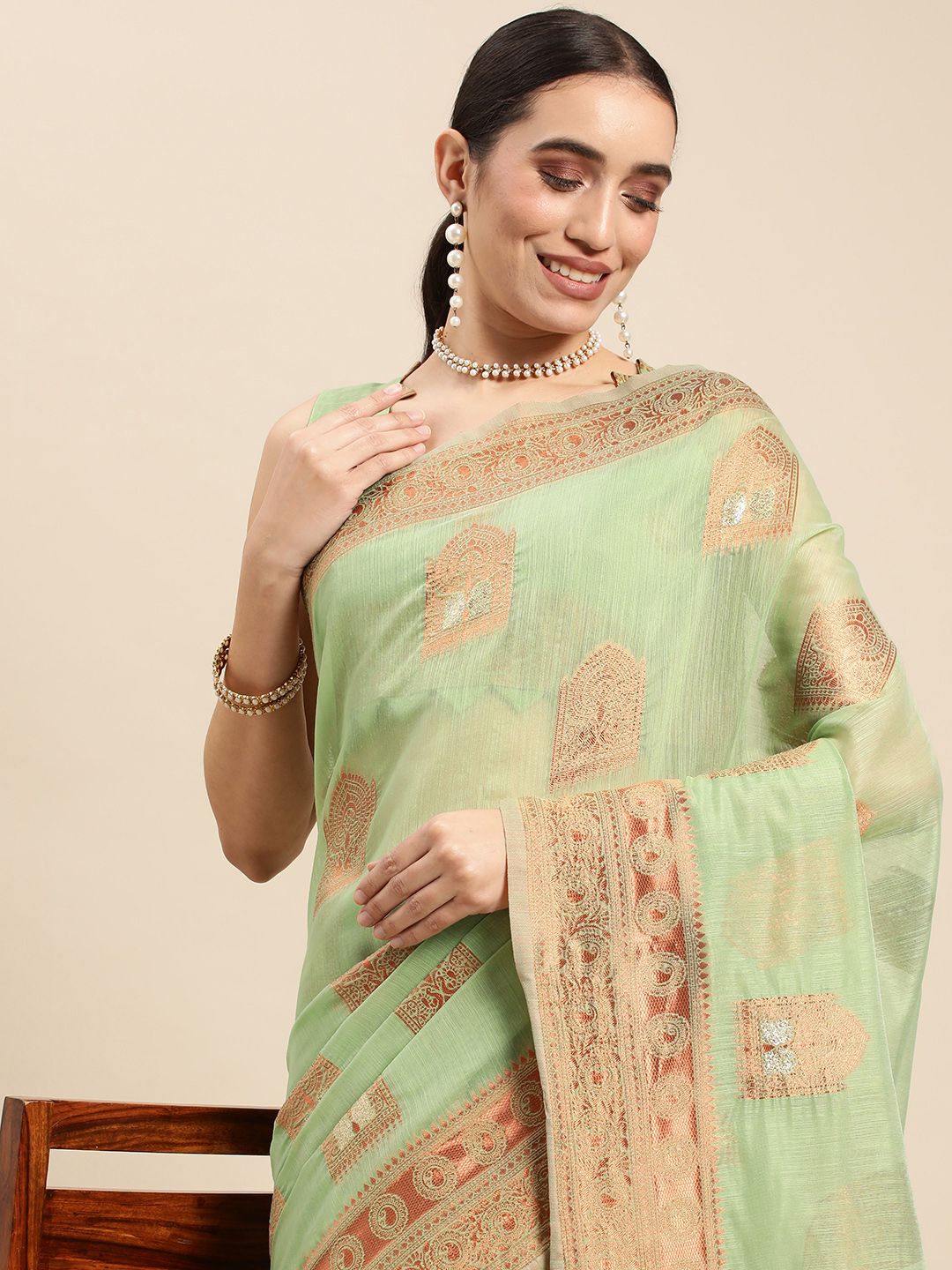 Mitera Woven Design Ethnic Motifs Pure Linen Banarasi Saree Price in India