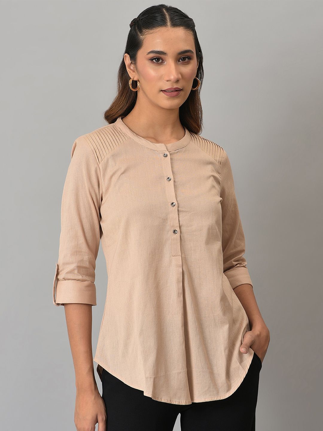W Beige Cotton Roll-Up Sleeves Top Price in India