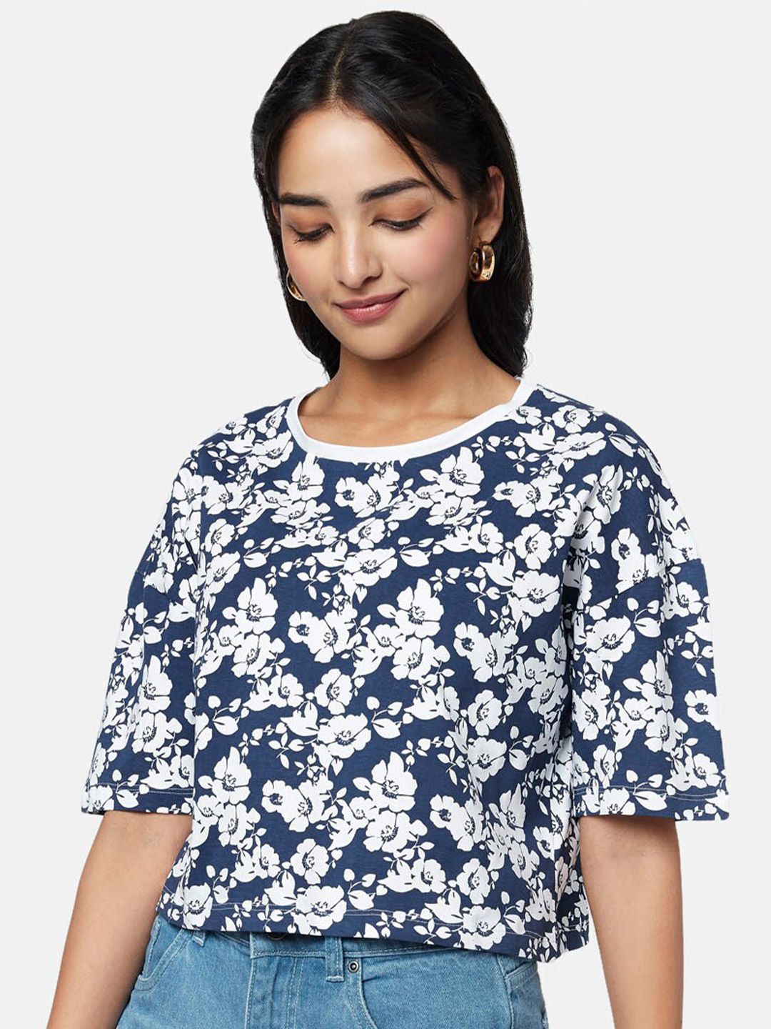 YU by Pantaloons Navy Blue Cotton Floral Print Top Price in India