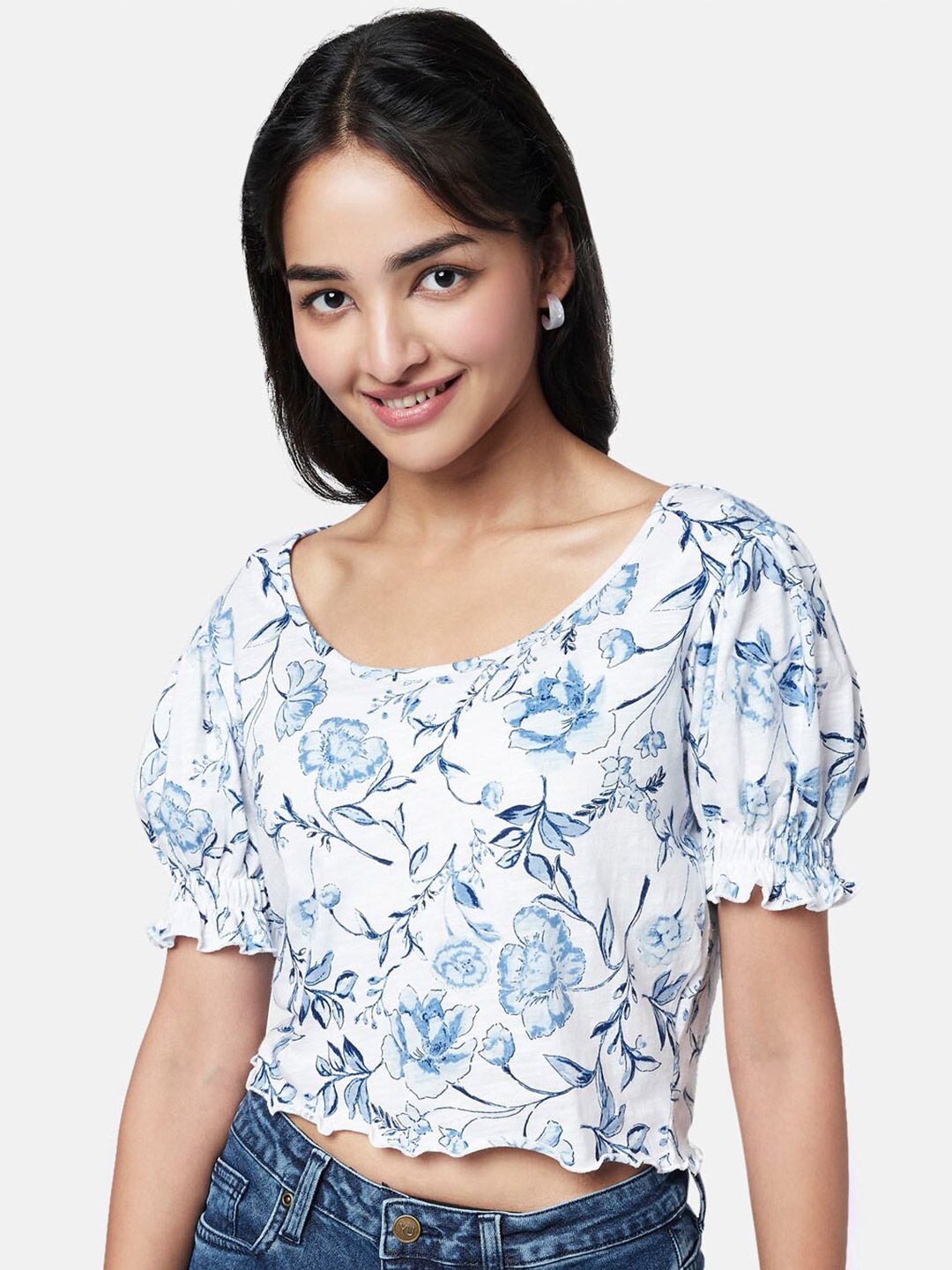 YU by Pantaloons Blue & White Cotton Floral Print Crop Top Price in India