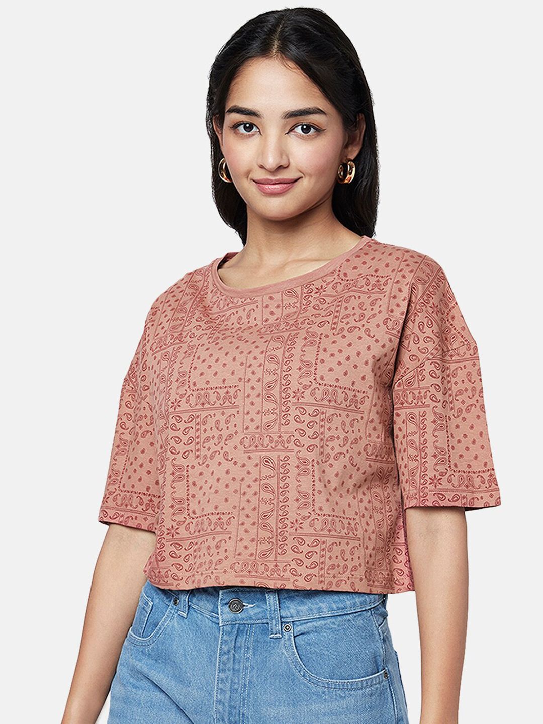 YU by Pantaloons Printed Round Neck Cotton Crop Top Price in India