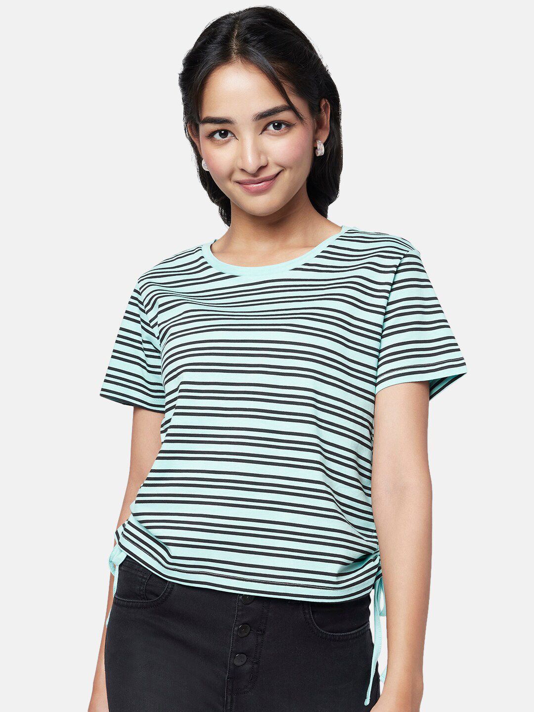 YU by Pantaloons Striped Round Neck Cotton Crop Top Price in India