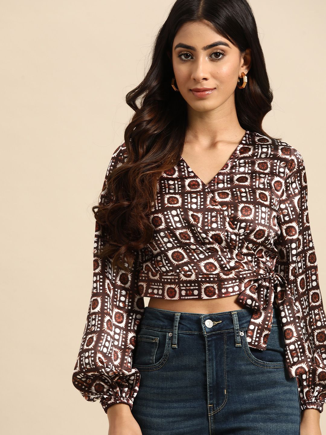 all about you Satin Finish Printed Puff Sleeves Wrap Crop Top Price in India
