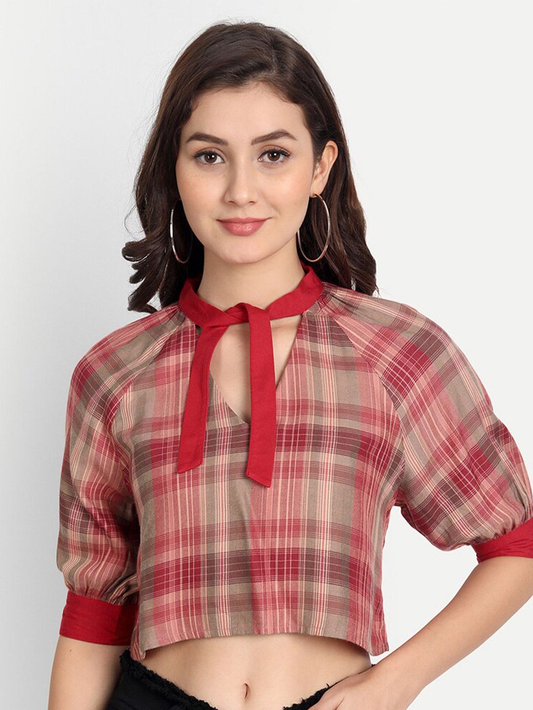 DOLSU Tie-Up Neck Checked Pure Cotton Shirt Style Top Price in India