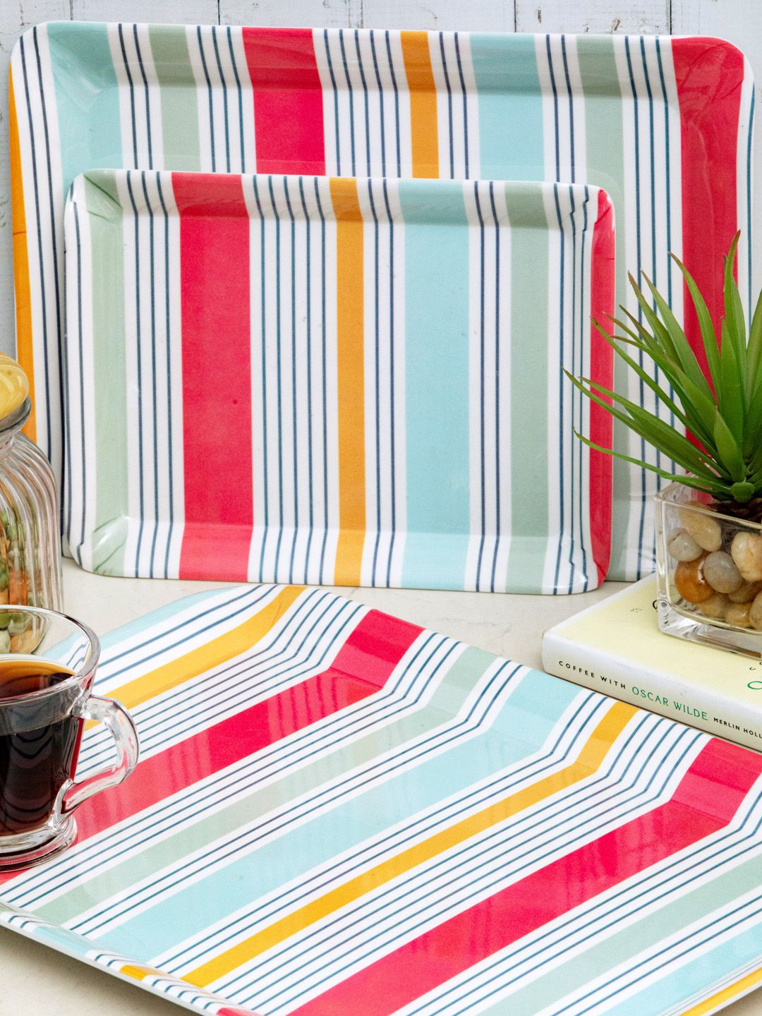 GOODHOMES Set Of 3 Red & Blue Striped Serving Trays