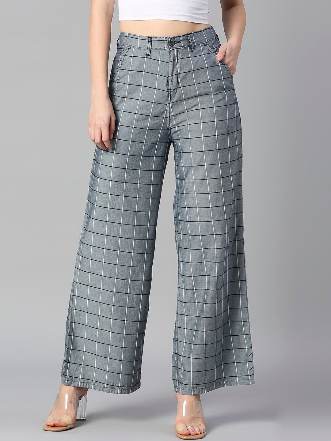 High Star Women Checked Flared High-Rise Trousers Price in India