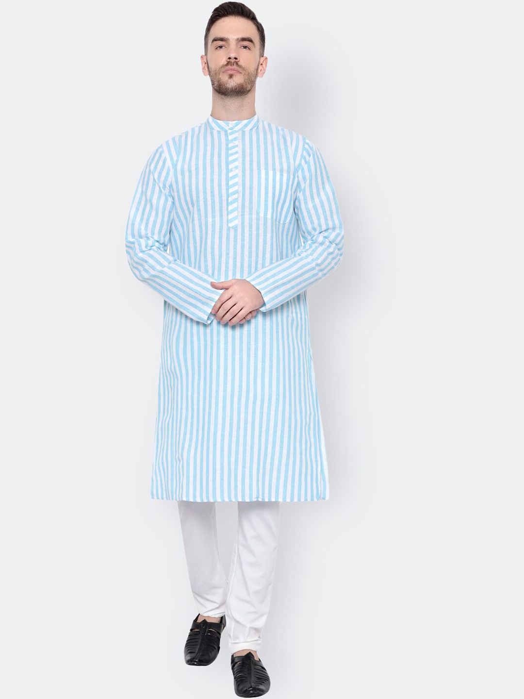 Latest Chikan Garments Men Striped Thread Work Khadi Handloom Straight Kurta