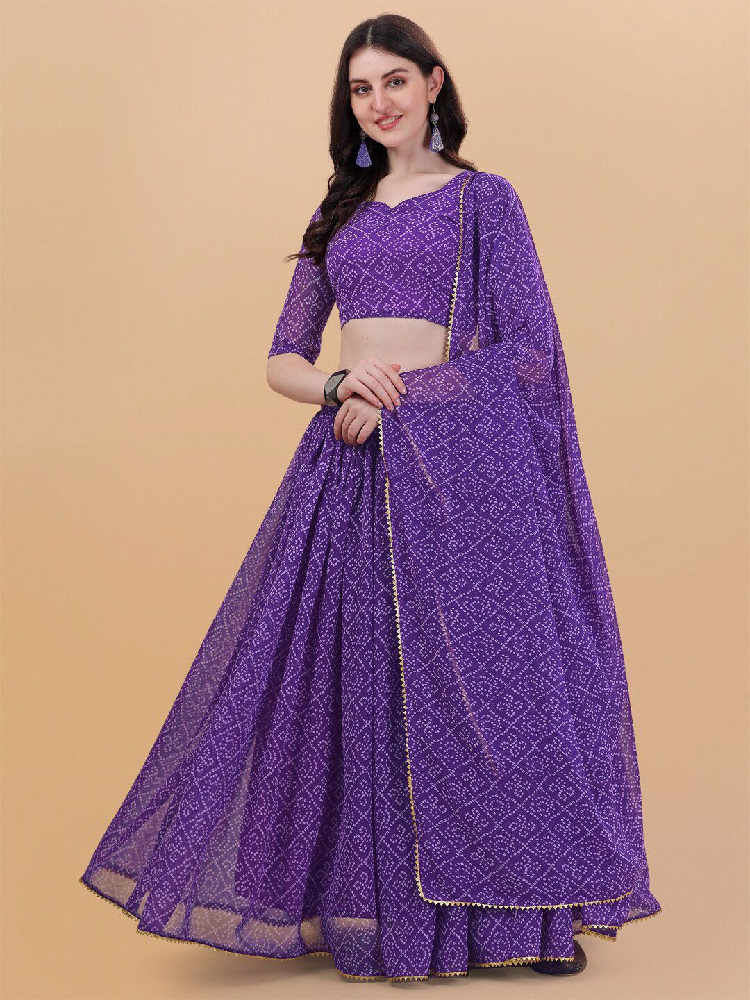PMD Fashion Purple & White Printed Semi-Stitched Lehenga & Unstitched Blouse With Dupatta Price in India