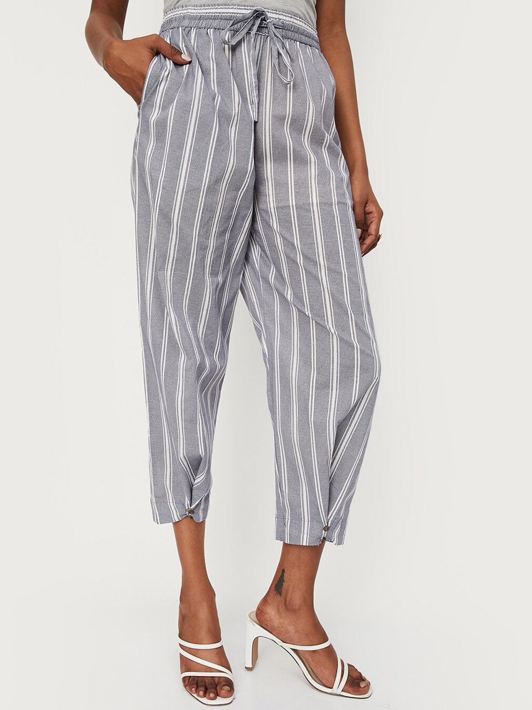 max Women Grey Striped Culottes Trousers Price in India