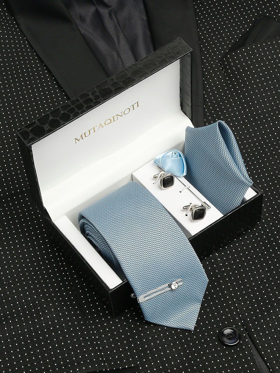 MUTAQINOTI Men Light Blue Silk Necktie Accessory Gift Set