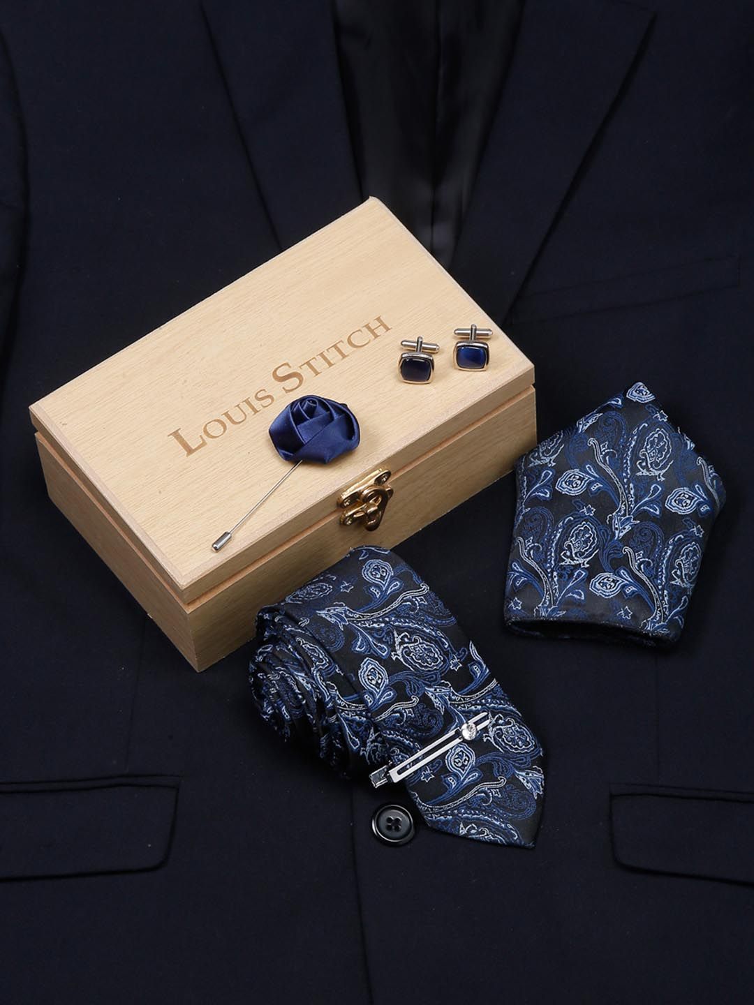 LOUIS STITCH Men's Royal Blue Italian Silk Necktie Accessory Gift Set