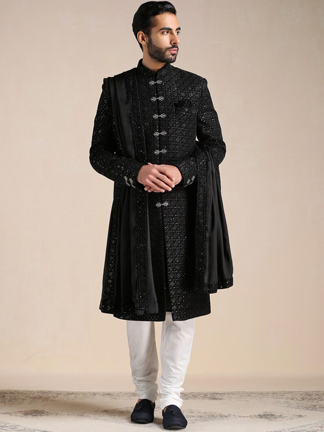 Manyavar black sherwani sales