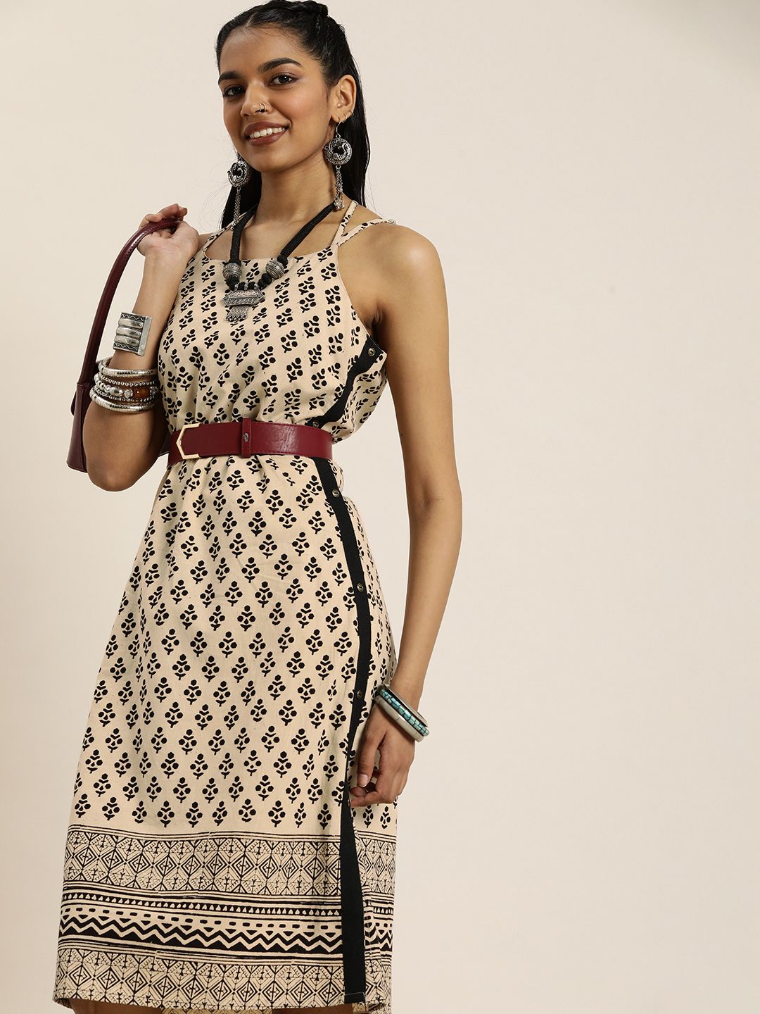 Taavi Bagru Pure Cotton Ethnic Motifs Print A-Line Dress Price in India