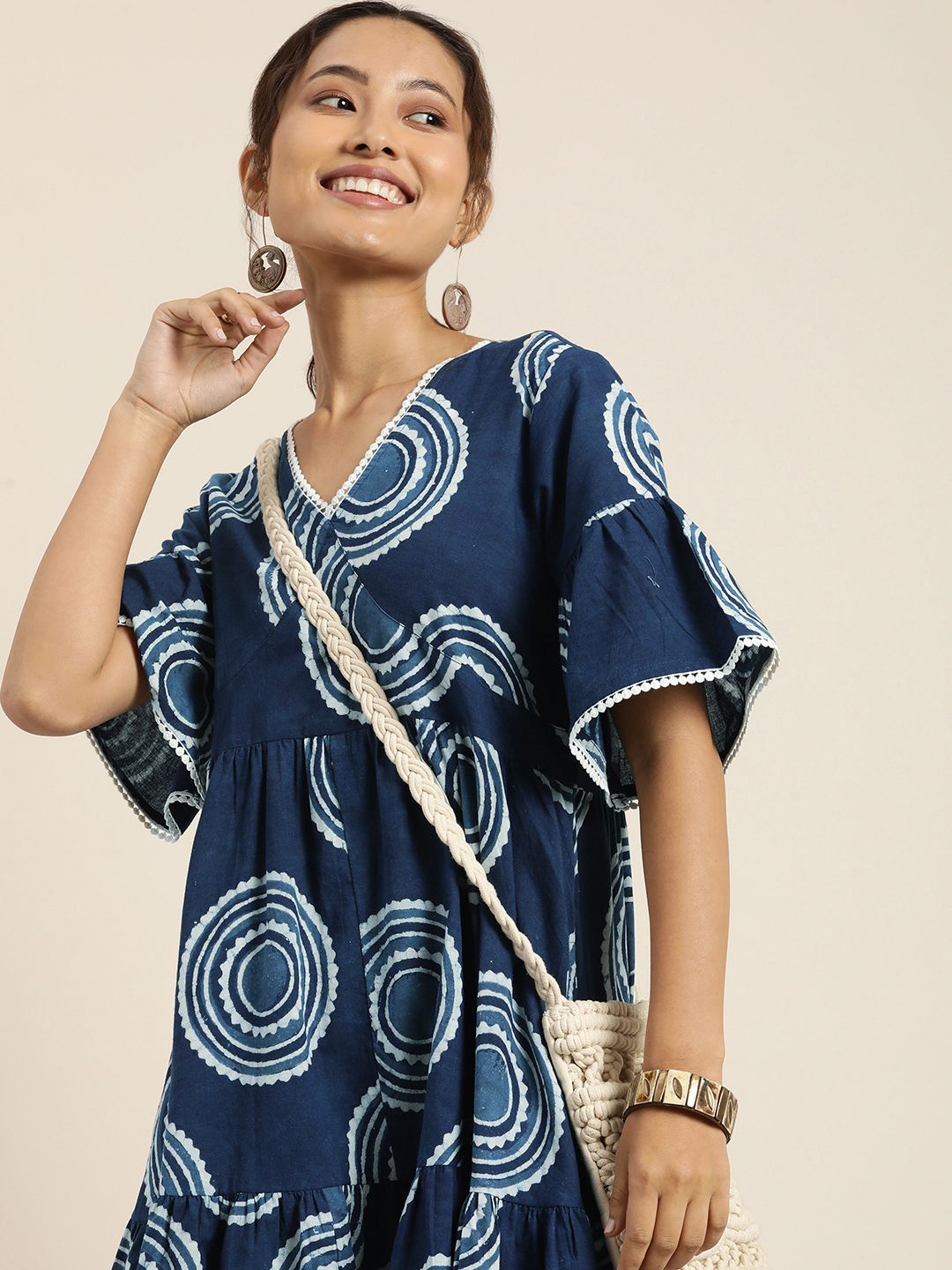 Taavi Indigo Geometric Printed Bell Sleeves Pure Cotton A-Line Dress Price in India