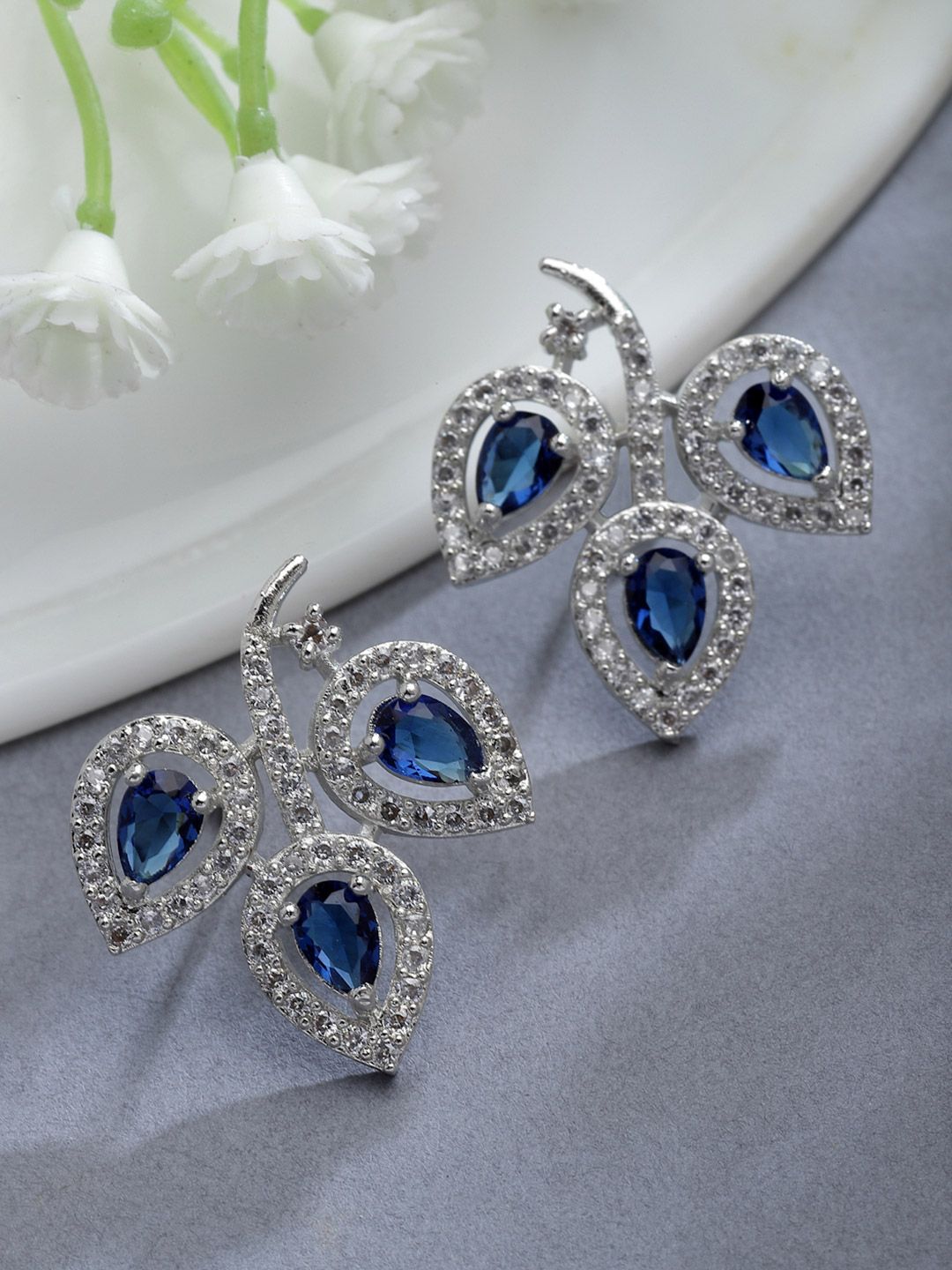 ZENEME Rhodium-Plated American Diamond Leaf Shaped Studs Earrings
